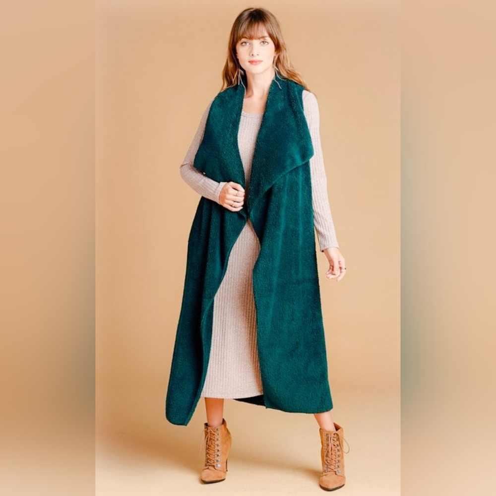 Oversized Waterfall Collar Long Vest‎ | Teal Green Open Front Layering Piece (S)